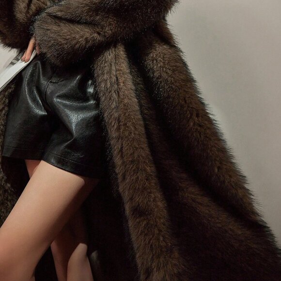 Brown Casual Women's Hooded Long Faux Fur Coat - Picture 6 of 11